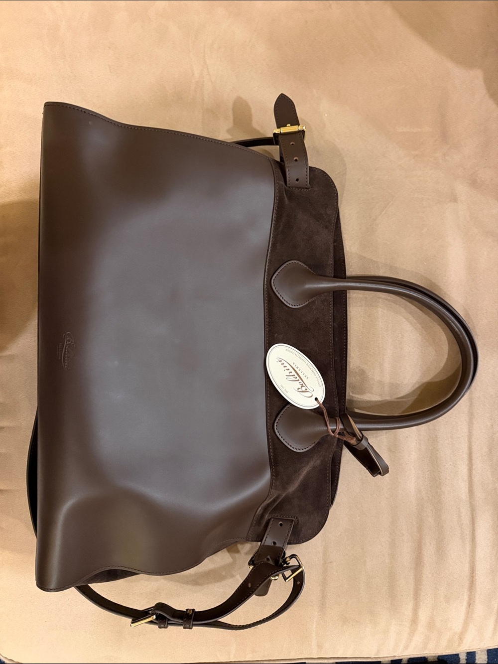 Boldrini Selleria Genuine Dark Brown Leather and Suede Tote Bag - New with Tags